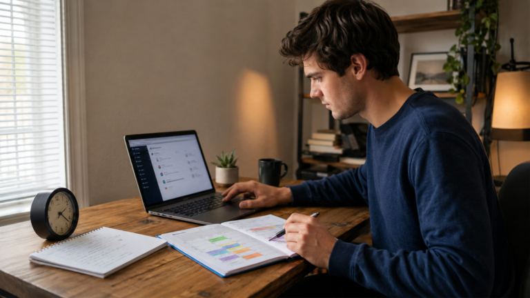 College student building a weekend study schedule in a weekly planner